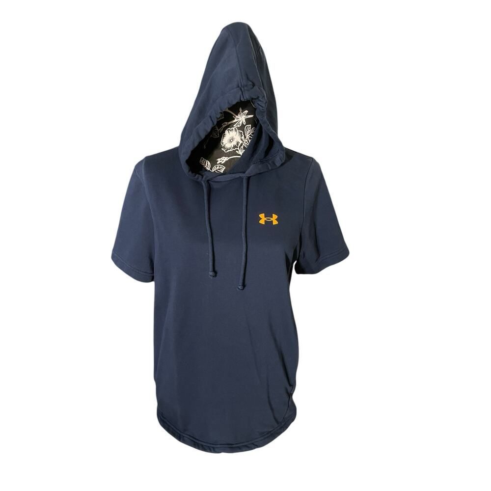 Under Armour Navy Blue Short Sleeve Hoodie with Orange Logo Size Small